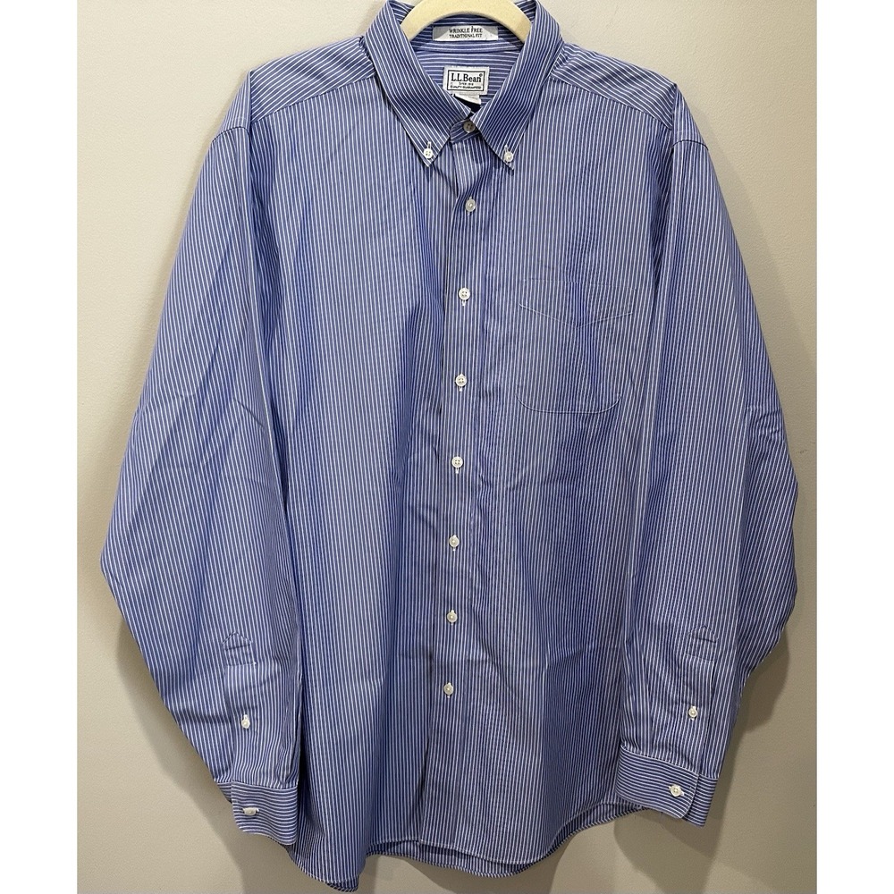 LL Bean Mens Wrinkle Free 16 1/2/ 37 Blue Striped Oxford Button Up Dress Shirt